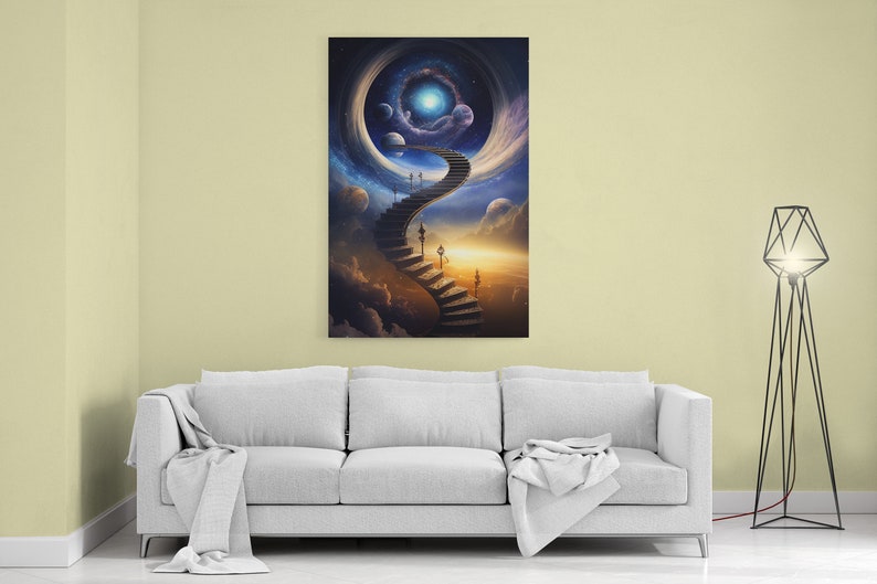 May include: A surreal painting of a staircase leading up into a swirling galaxy with planets and stars. The staircase is made of stone and has a golden glow. The galaxy is a vibrant blue and purple with a bright white light at its center.