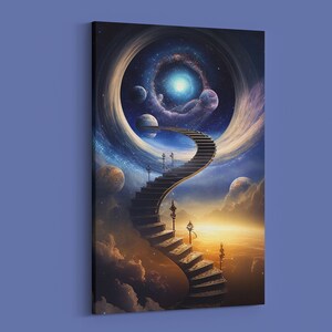 May include: A swirling galaxy with a bright blue center, surrounded by a ring of stars and planets. A winding staircase leads up to the galaxy, with golden lampposts lining the path.
