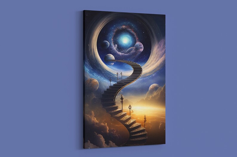 May include: A swirling galaxy with a bright blue center, surrounded by a ring of stars and planets. A winding staircase leads up to the galaxy, with golden lampposts lining the path.