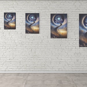 May include: Five different sizes of a canvas print featuring a surreal painting of a staircase leading up to a glowing orb in the sky. The staircase is surrounded by clouds and planets.
