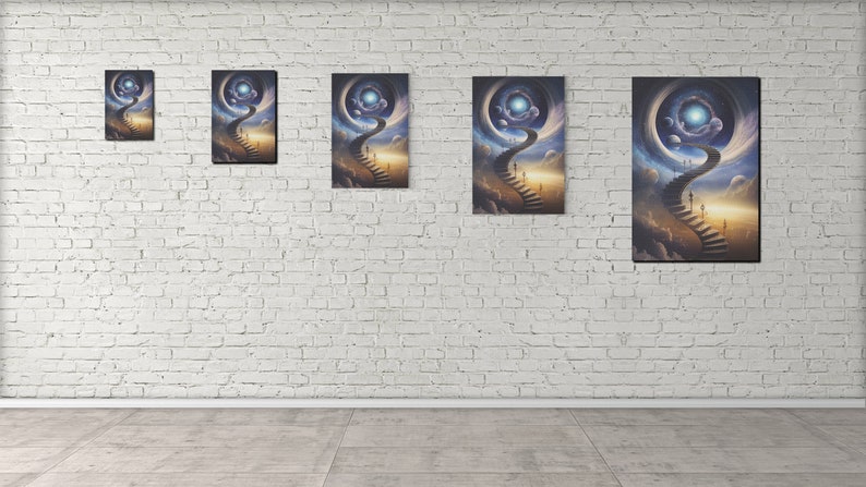 May include: Five different sizes of a canvas print featuring a surreal painting of a staircase leading up to a glowing orb in the sky. The staircase is surrounded by clouds and planets.