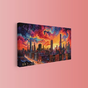 Psychedelic Chicago Skyline Panoramic Wall Art  Above Bed Décor Chicago Wall Art AI Generated Art Large Painting City Art Chicago Gifts