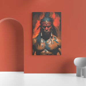 May include: A painting of a Native American man with a fierce expression. He is wearing a red headband and has blue and green markings on his face and chest. The background is a fiery orange and yellow.