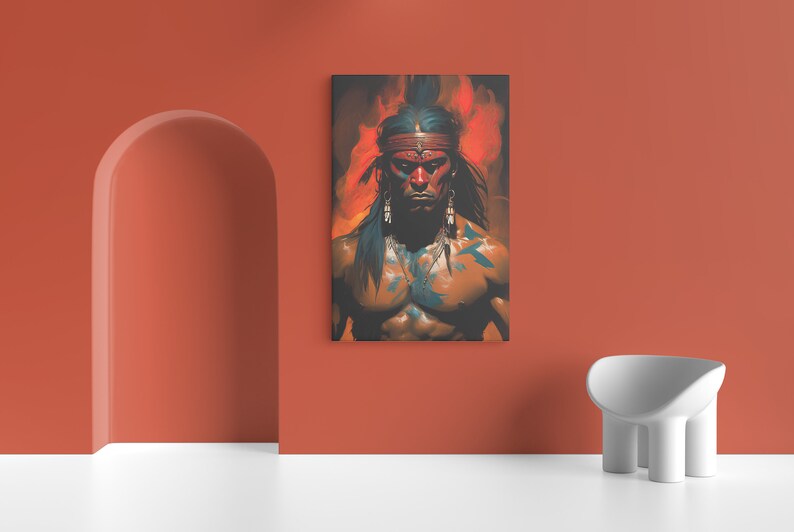 May include: A painting of a Native American man with a fierce expression. He is wearing a red headband and has blue and green markings on his face and chest. The background is a fiery orange and yellow.