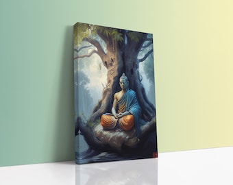 Meditation Art AI Painting Gautam Buddha Meditating Under a Tree Canvas Print AI-Generated Art Wall Décor Meditation Gift Ready to Hang