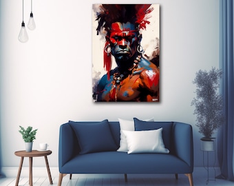 Blue and Red Abstract Taino Warrior Painting Puerto Rico Wall Art AI Generated Art Above Bed Décor Latino Art Digital Prints Taino Art