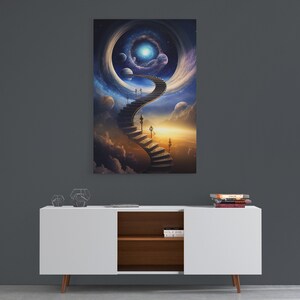 May include: A surreal painting of a staircase leading up to a swirling galaxy with planets and stars. The staircase is made of stone and has a golden railing. The galaxy is a vibrant blue and purple with a bright white light in the center.