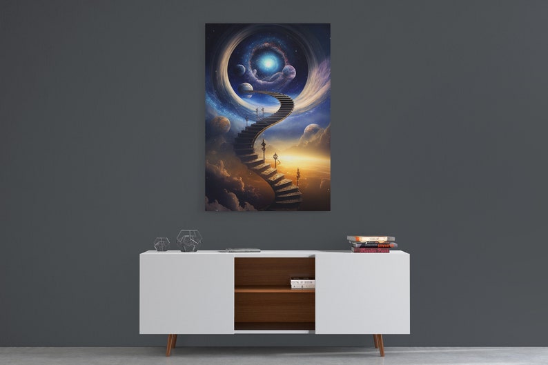 May include: A surreal painting of a staircase leading up to a swirling galaxy with planets and stars. The staircase is made of stone and has a golden railing. The galaxy is a vibrant blue and purple with a bright white light in the center.