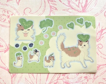 Cute Cat and Kittens Leaf Plants Sticker Sheet