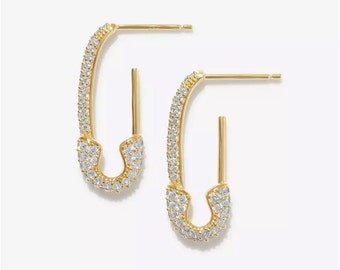 Gold or Rose Gold Safety Pin Zircon Rhinestone Earrings