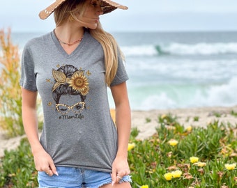 Sunflower #MomLife Vneck Tshirt, Unisex Jersey Short Sleeve V-Neck Tee