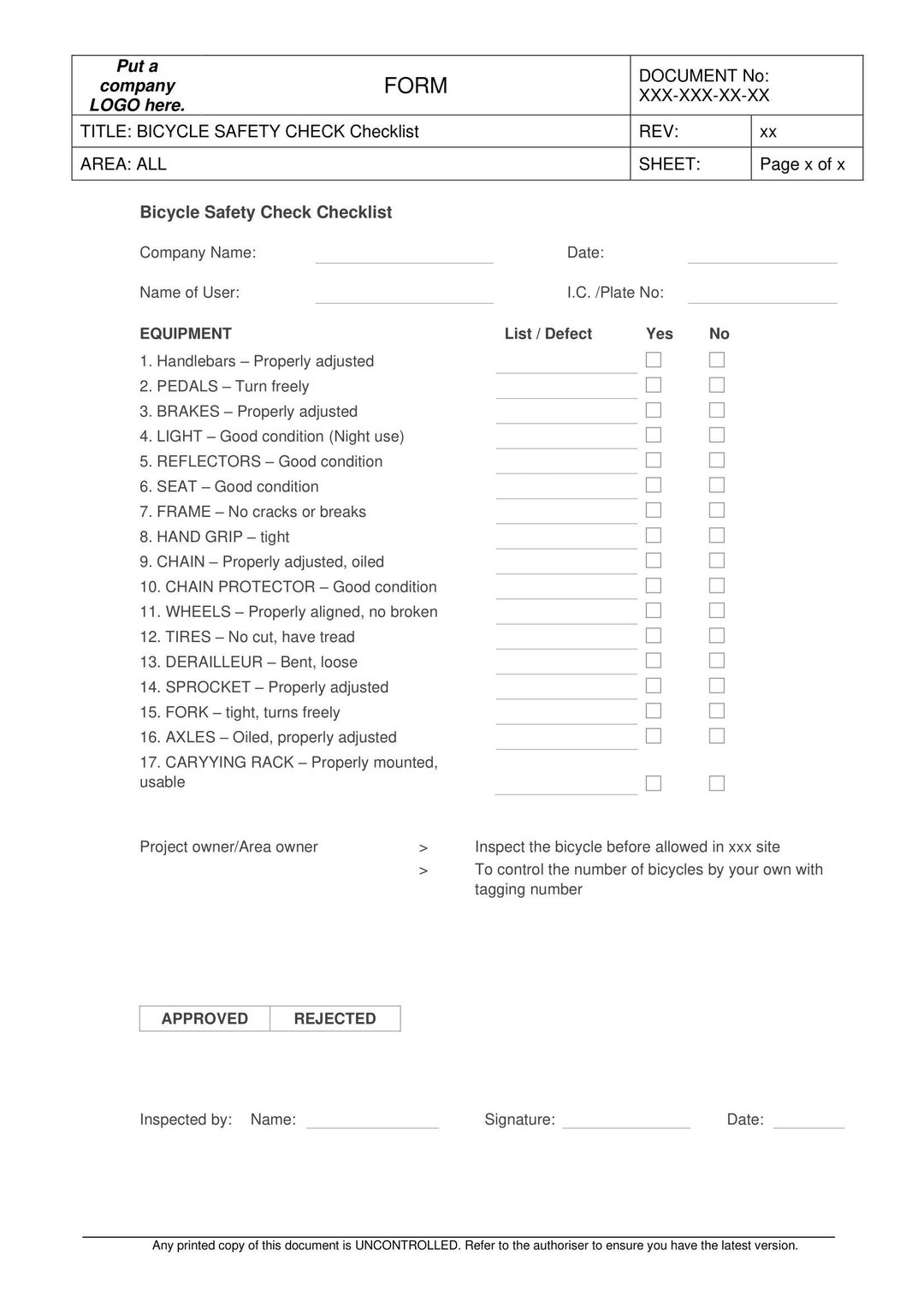 Bicycle Safety Checklist Template Etsy