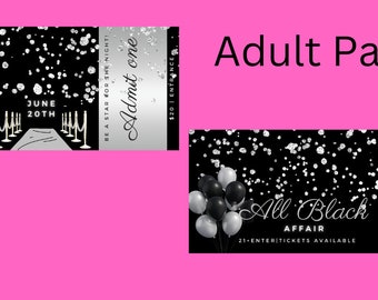 Plantilla editable de boleto para fiesta de adultos, plantilla imprimible de invitación a fiesta totalmente negra, invitación de boleto para fiesta de cumpleaños para adultos, plantilla Canva