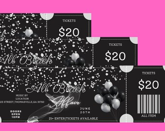 Plantilla editable de boleto para fiesta de adultos, plantilla imprimible de invitación a fiesta totalmente negra, invitación de boleto para fiesta de cumpleaños para adultos, plantilla Canva