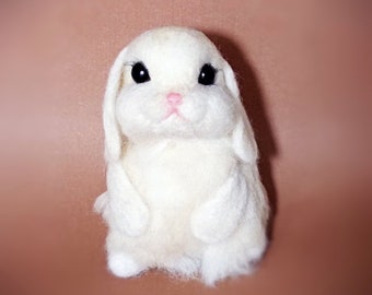 White Bunny Rabbit felted figurine - Cute cottontail - Kawaii Fluffy baby bunny