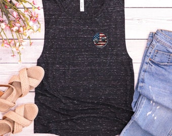 American Flag Barbell Women's Muscle Tank, Flowy Gym Shirt