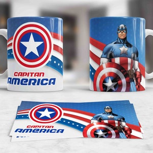 Könnte beinhalten: Weiße Keramiktasse mit einem rot-weiß-blauen Design mit Captain America und dem Schriftzug "CAPTAIN AMERICA".