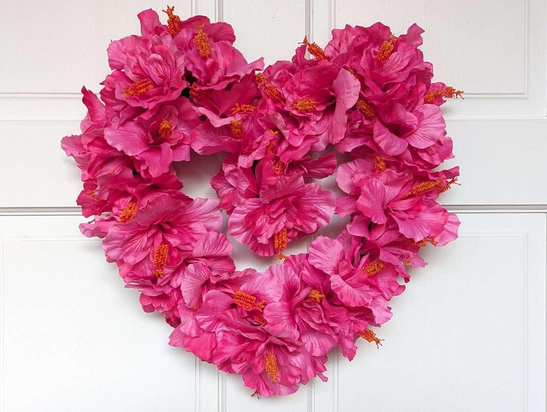 Pink Hibiscus Heartshaped Wreath for Valentine's Day I Love You Wreath