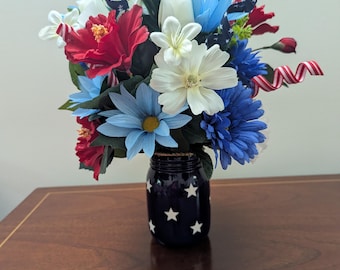 Handmade Patriotic Floral Arrangement | Red, White, Blue Flowers in Star Jar | Centerpiece for Home or Office | 4th of July | Americana