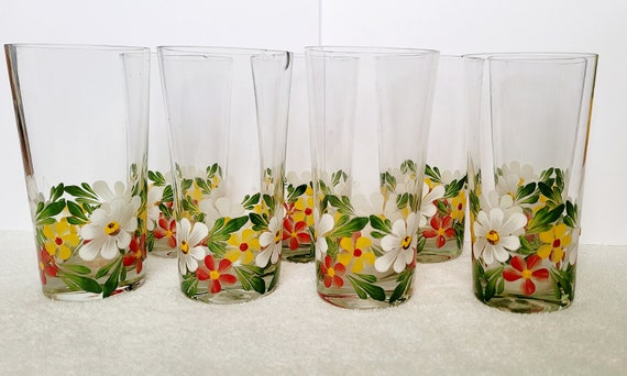 VTG Painted Red Yellow White Flower Floral 8 Set Highball Drinking Glasses  Mid Century Modern - Etsy