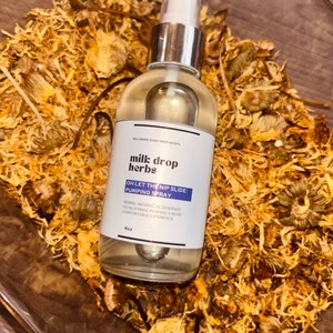 Puede incluir: Una botella de vidrio transparente con un pulverizador plateado, etiquetada como "milk drop herbs" y "OH LET THE NIP SLIDE: PUMPING SPRAY." La botella contiene 118 ml y descansa sobre un lecho de flores secas de color amarillo-marrón. El texto "milk drops every drop counts" está en la parte superior de la etiqueta.