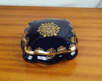 Gran caja de dulces de porcelana de Limoges, horno azul, decoración barroca vintage