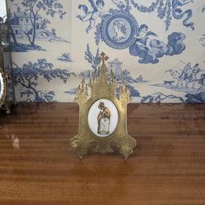 Antiguo Altar Oratorio de Viajes placa Nuestra Señora del Puente Latón Porcelana Siglo XIX