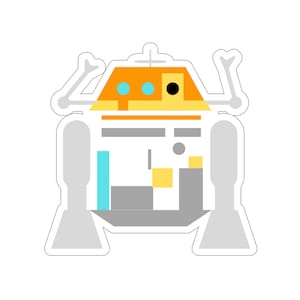 May include: A sticker of a white, grey, orange, and blue robot with a round head and two arms. The robot has a sticker-like outline.