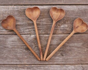 4 Heart Shaped Wooden Spoons, Acacia Wood Carved Love Spoons Gift Ready for Wedding, Valentines Day, Mother's Day, Housewarming, Coffee