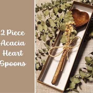 2 Heart Shaped Acacia Spoons decorated with Eucalyptus and Baby's Breath Wedding Favor Bridal Shower Gift Bulk wholesale