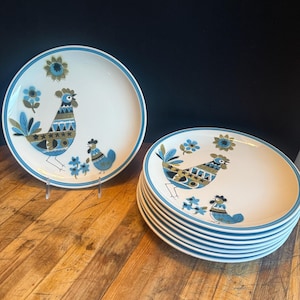 Vintage Otagiri Japan Mid-Century Modern Chicken & Rooster Dinner Plates – Set of 4 - 10” Blue Olive Farmhouse Folk Art