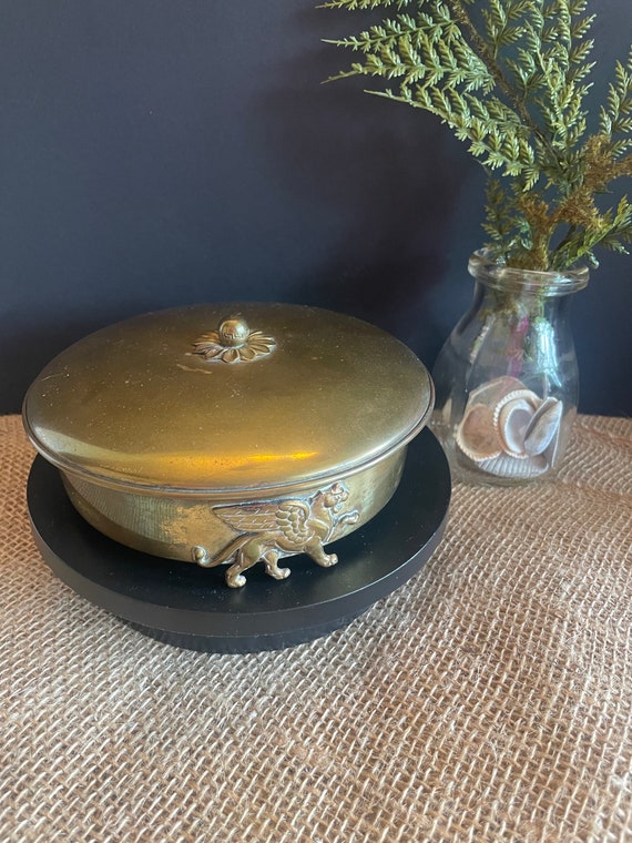 Round Brass Trinket/Jewelry Box with Griffin Legs