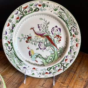 Extremely Rare Antique Mason’s Patent Ironstone China 9.5” Dinner Plate - 8 available – Exotic Bird & Floral Chinoiserie in Green – c.1890s