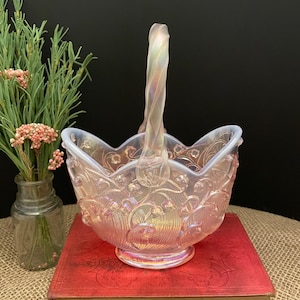 Fenton Glass Lily of the Valley Basket in Champagne Satin