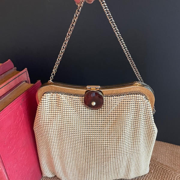 RARE Vintage 70’s Whiting & Davis Cream Gold Mesh Handbag