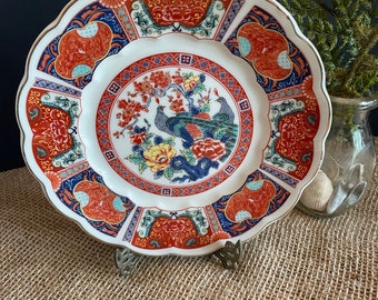 Collectible Japanese Decor Plate Imari Ware Floral Red Blue Peacocks with brass stand - vintage