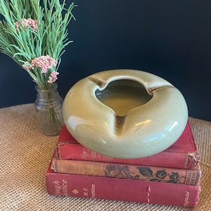 Mid Century Sage Green Pottery Ashtray/Planter