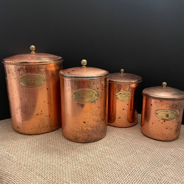 Copper Canister Set - Flour, Sugar, Coffee & Tea - vintage - FREE SHIPPING