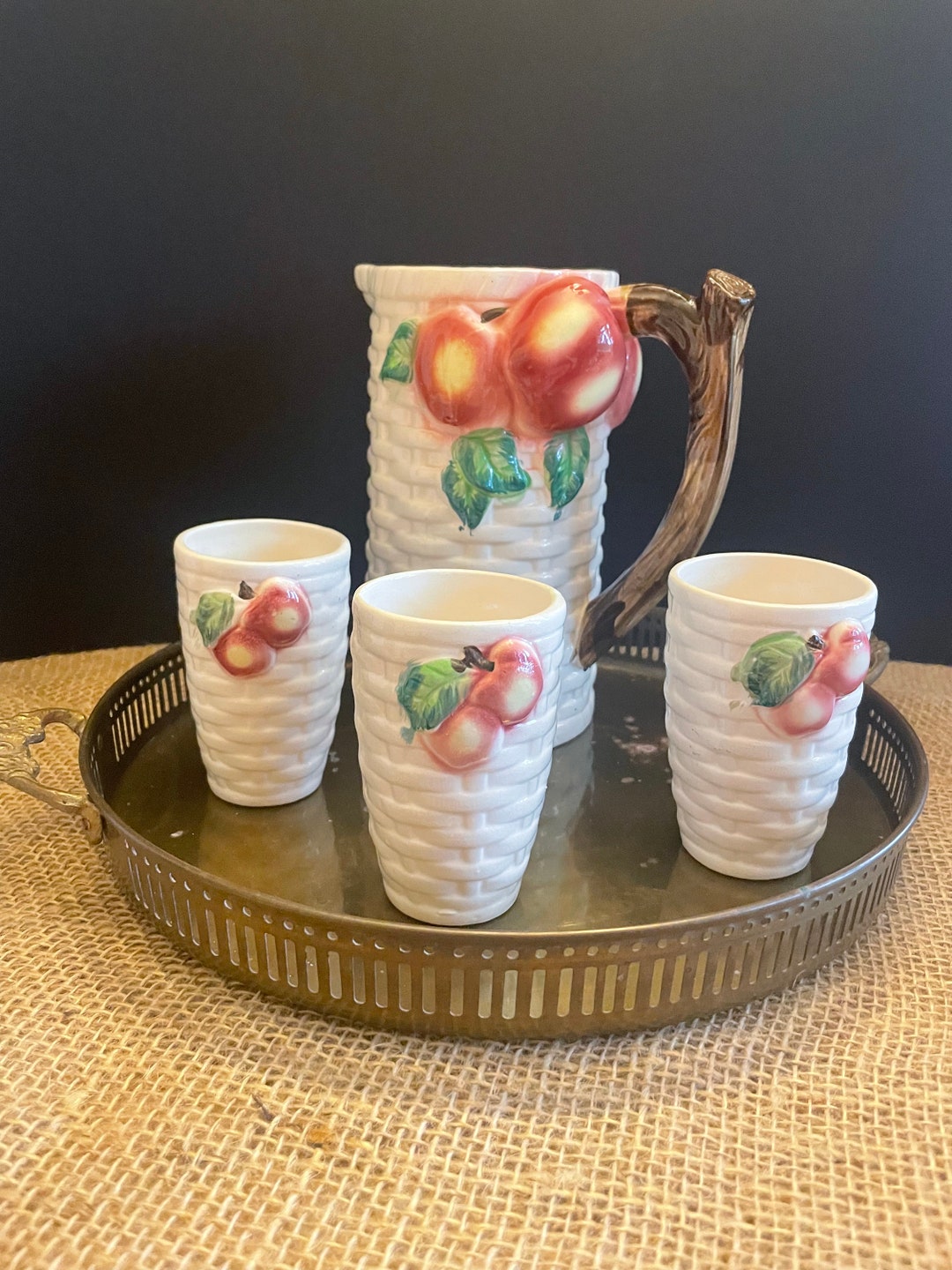 Vintage Apple Ceramic Pitcher Set: Basket Weave Design, Made in Japan ...