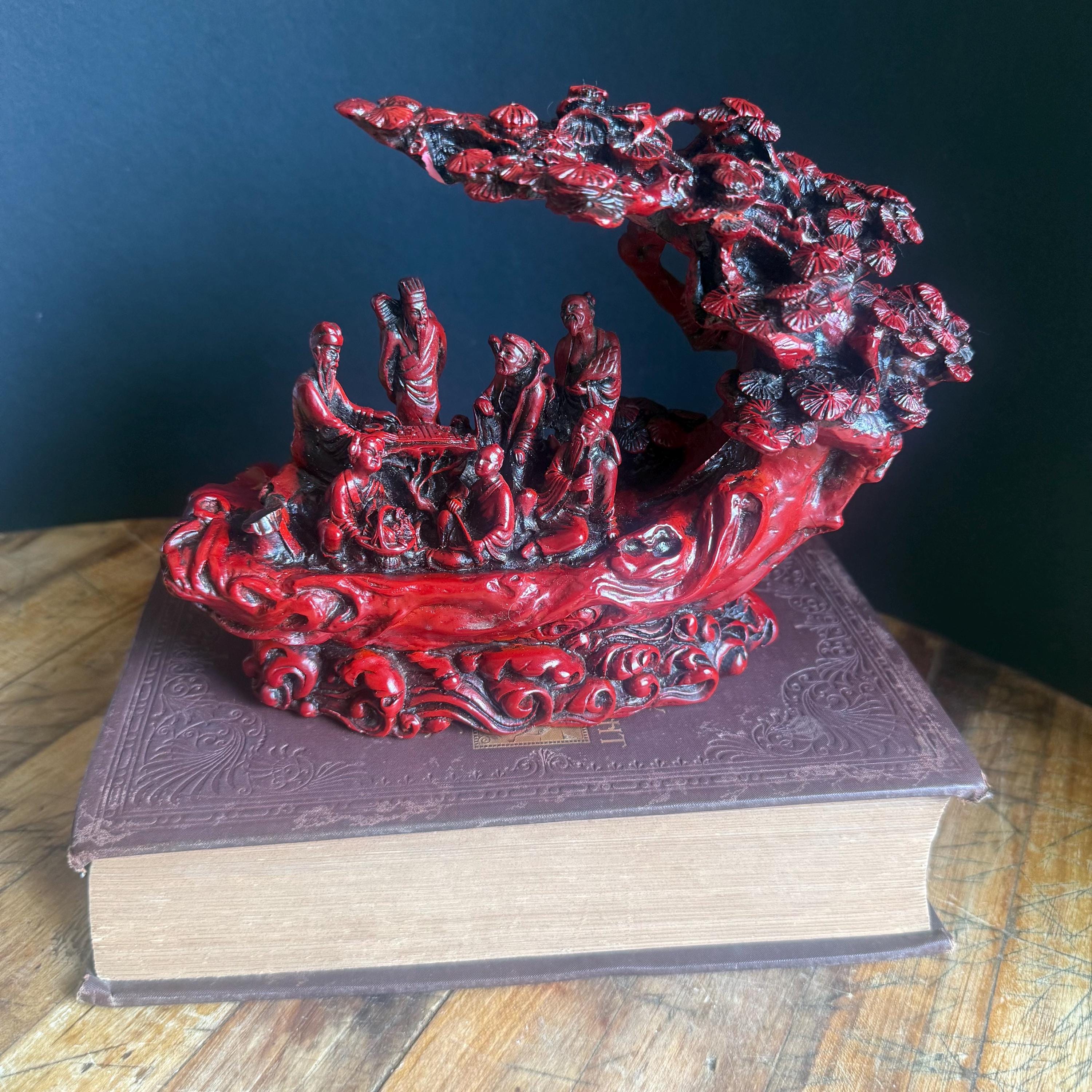 Vintage Asian Red Resin Sculpture – Immortal Boat Scene