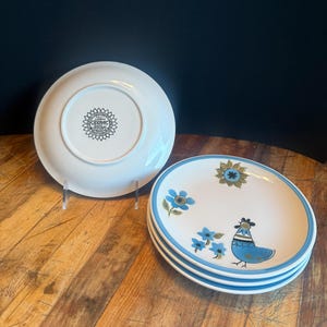 Vintage Otagiri Japan Mid-Century Modern Chicken & Rooster Side Plates – Set of 4 - 7.5” Blue Olive Farmhouse Folk Art