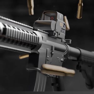 May include: A detailed image of a black rifle with a red dot sight, with ejected shell casings in mid-air. The text "STREAM STARTING SOON" is displayed at the bottom of the image. The image is divided into three sections, each showing a different view of the rifle.