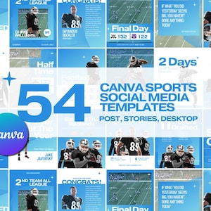 Könnte beinhalten: Eine Sammlung von 54 Canva-Vorlagen für Social-Media-Sportarten für Beiträge, Stories und Desktop-Nutzung. Die Vorlagen zeigen Footballspieler in Aktion, Teamgrafiken und motivierende Zitate. Das Farbschema ist hauptsächlich Blau und Weiß.