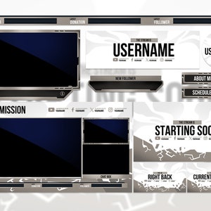 May include: A white and gray streamer overlay with a silver and black border. The overlay includes a large video player, a chat box, and a section for new followers. The text "THE STREAM IS STARTING SOON" is displayed in the center of the overlay.