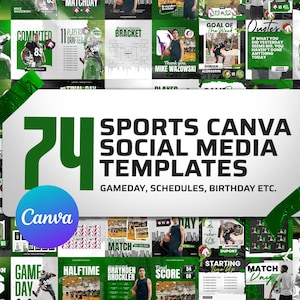Op de afbeelding: Een collage van 74 groene en witte sport-social media sjablonen voor Canva. De sjablonen bevatten verschillende sportthema's, waaronder speeldag, schema's en verjaardagen. De tekst "74 Sports Canva Social Media Templates" wordt weergegeven in grote, vetgedrukte letters.