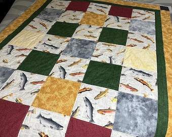 Fish Themed Patchwork Quilt: Cotton & Minky Lap Quilt/Throw Blanket, Cabin Decor (53x68)
