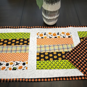 Quilted Halloween Table Runner – Bright fun halloween prints –Handmade- READY TO SHIP 15&quot;x47.5&quot; – Reversible Gingham Back
