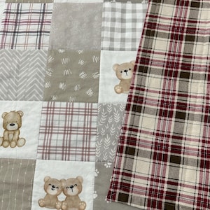 Woodland Bear Baby Quilt – Earthy Patchwork Blanket in Taupe Brown & Burgundy – Plaid Flannel Back – Rustic Nursery Quilt