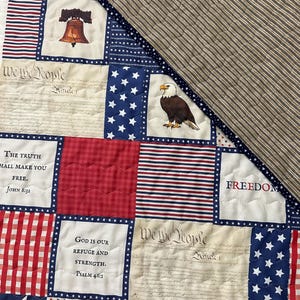 Patriotic Patchwork Quilt –Christian Americana Blanket – Scripture Quilt – 4th of July Decor – Vintage Style SMALL Lap Quilt –Handmade 41x47