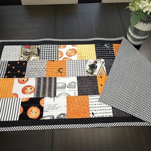 Gothic Halloween Table Runner – Quilted Patchwork in Black, White & Orange – 21.5&quot;x50&quot; – Reversible Gingham Back/ Homemade/ READY TO SHIP